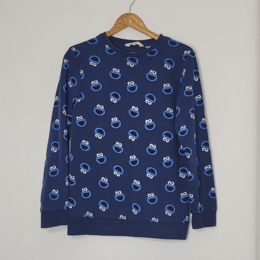 H&M Unisex Blue Cookie Monster Sesame Street Neck Pullover Sweatshirt Size 14Y